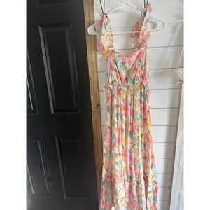 By the River Floral Ruffle Strap Maxi Dress Pink Yellow Green Small Boho Tiered‎